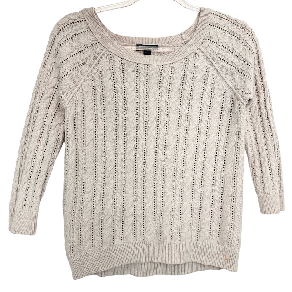 Cotton Wool Knit Aran Fisherman Cable Pointelle Knitted Sweater Pullover